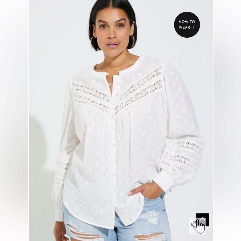 NWT Torrid Cotton Clip Dot Lace Trim Long Sleeve Top-White - Picture 3 of 3